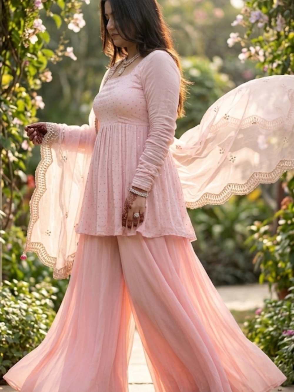 Indian Outfit 3 piece Palazzo Soft Pink Ethereal Anarkali Set